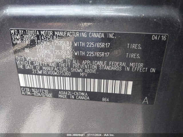 Toyota Rav4 Xle 2016 2T3WFREV0GW275360 Image 9