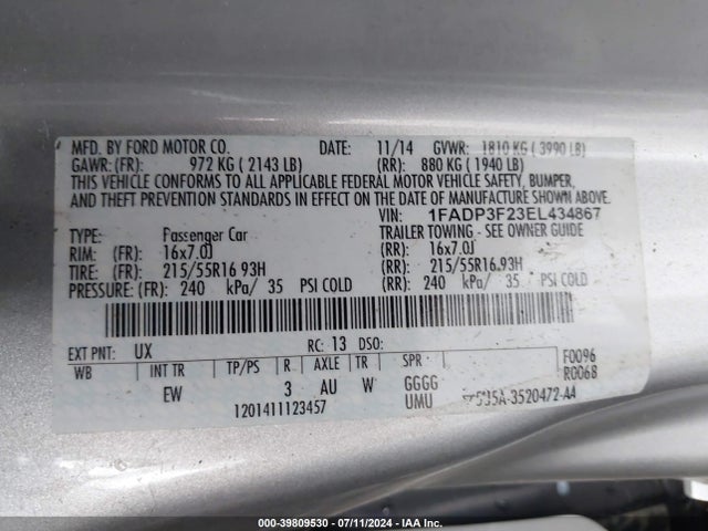 Ford FOCUS SE 2014 1FADP3F23EL434867 Image 9