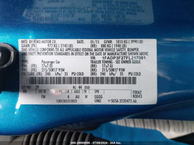 1FADP3F27FL217081 Ford FOCUS SE