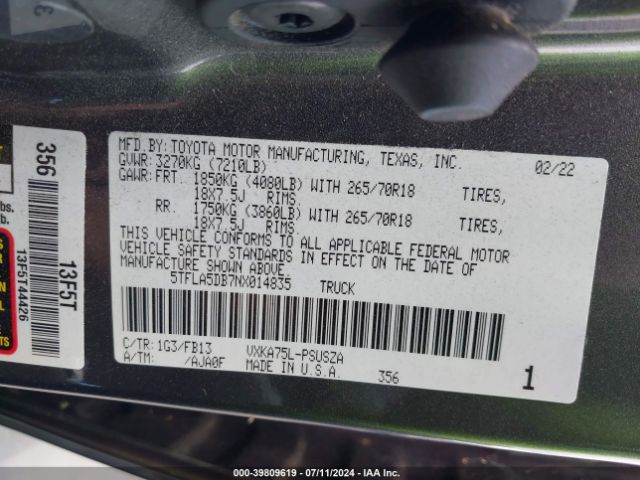 5TFLA5DB7NX014835 Toyota Tundra Sr5