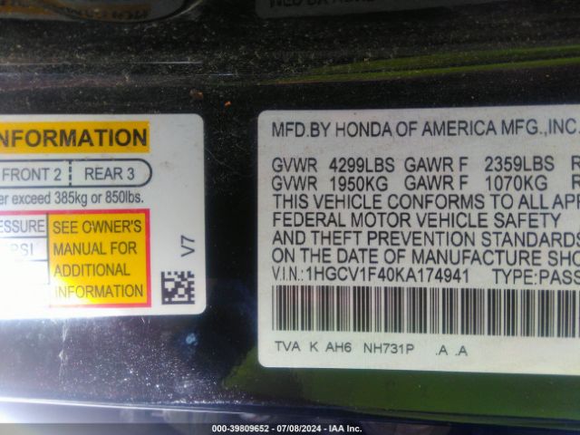 1HGCV1F40KA174941 Honda ACCORD EX