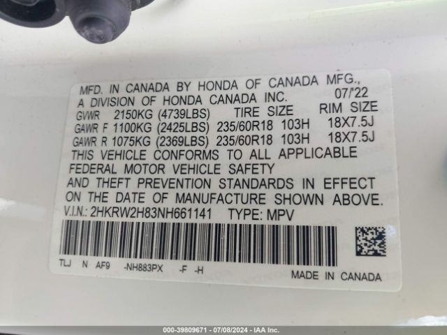 2HKRW2H83NH661141 Honda Cr-v Awd Ex-l