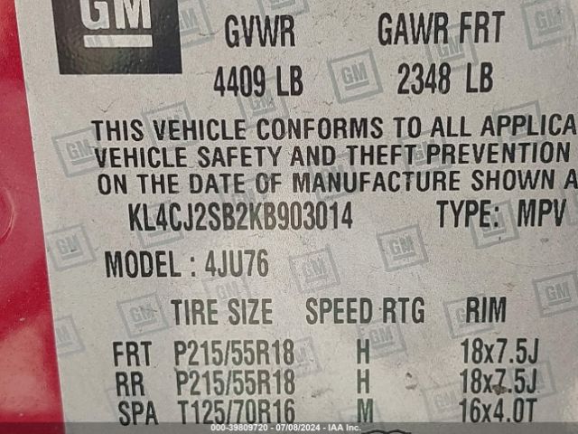 KL4CJ2SB2KB903014 Buick Encore Awd Sport Touring