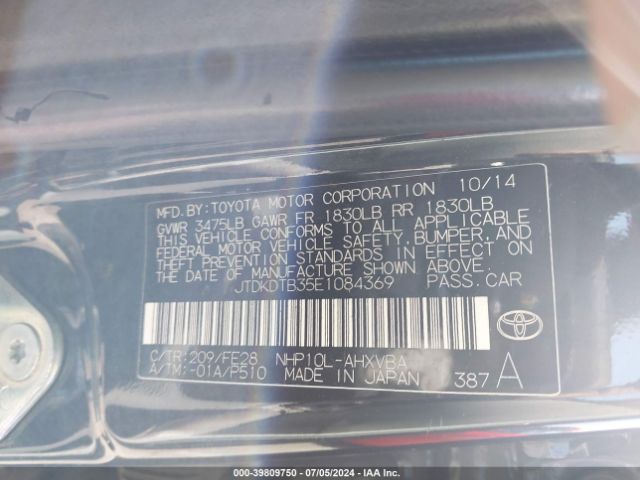 JTDKDTB35E1084369 Toyota Prius C One