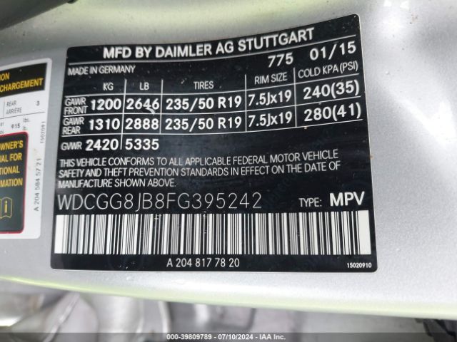 WDCGG8JB8FG395242 Mercedes-Benz Glk 350 4matic