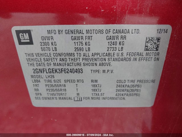 Chevrolet Equinox 2lt 2015 2GNFLGEK3F6240493 Image 9