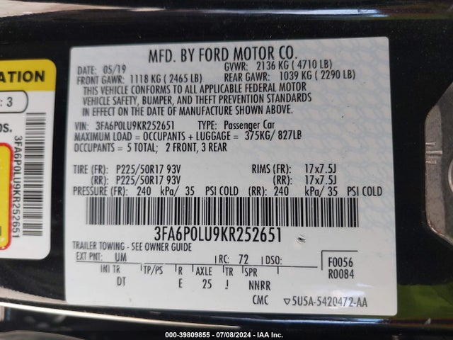 Ford Fusion Hybrid Se 2019 3FA6P0LU9KR252651 Image 9