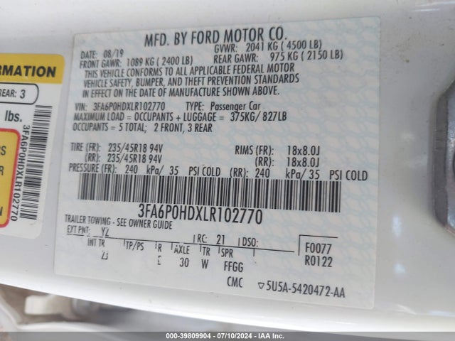 Ford FUSION SE 2020 3FA6P0HDXLR102770 Image 9