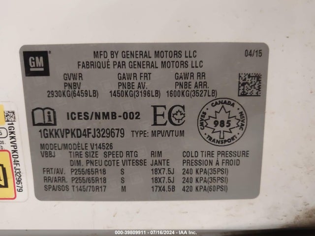 GMC Acadia Sle-2 2015 1GKKVPKD4FJ329679 Image 9