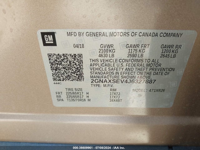 Chevrolet EQUINOX LT 2018 2GNAXSEV4J6327887 Image 9