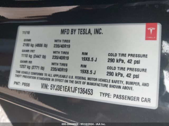 5YJ3E1EA1JF136453 Tesla Model 3 Long Range/mid Range