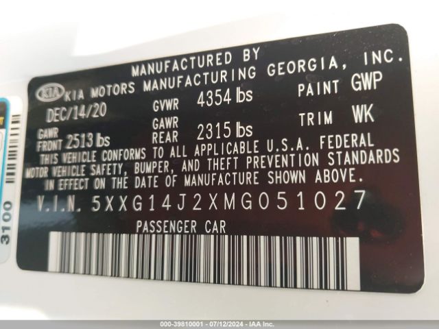 5XXG14J2XMG051027 KIA K5 LXS