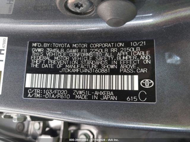 JTDKAMFU4N3160881 Toyota Prius Le