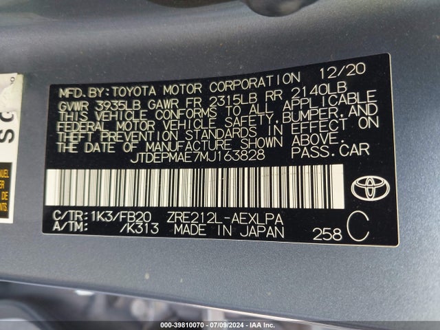 Toyota COROLLA LE 2021 JTDEPMAE7MJ163828 Image 9
