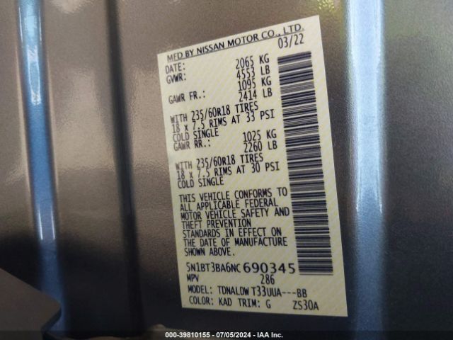 5N1BT3BA6NC690345 Nissan Rogue Sv Fwd
