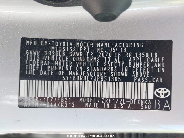 Toyota COROLLA LE 2018 5YFBURHE7JP851365 Image 9