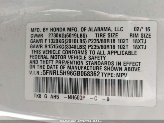 5FNRL5H96GB068362 Honda Odyssey Touring/touring Elite