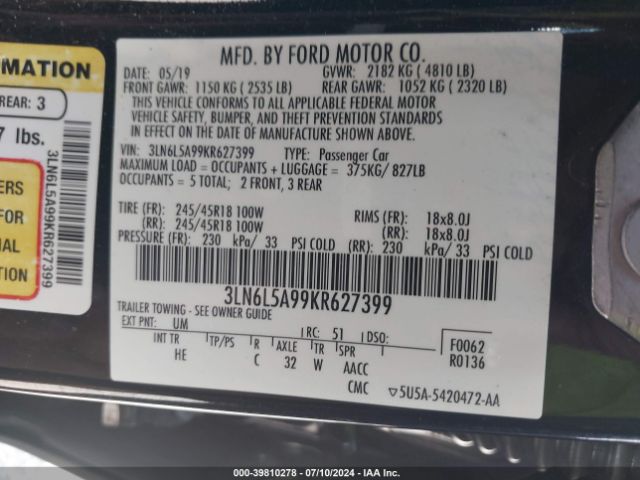 3LN6L5A99KR627399 Lincoln Mkz Standard