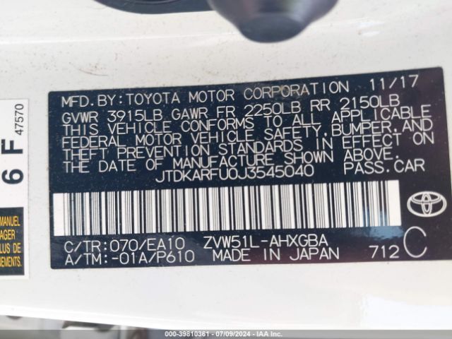 JTDKARFU0J3545040 Toyota Prius Four