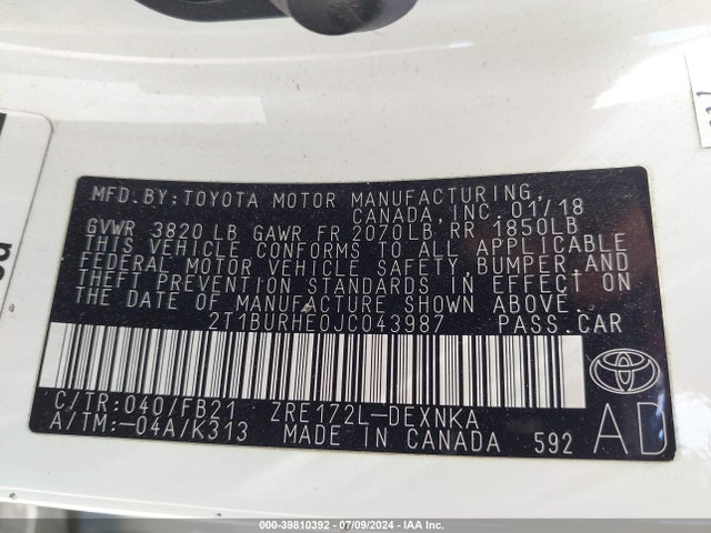 Toyota COROLLA LE 2018 2T1BURHE0JC043987 Image 9