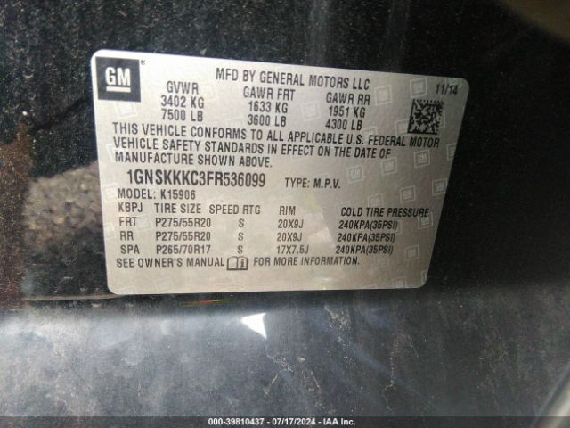 1GNSKKKC3FR536099 Chevrolet Suburban 1500 Ltz