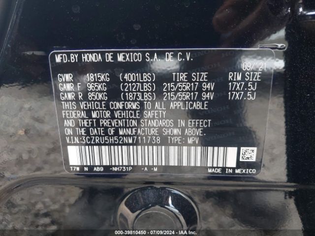 3CZRU5H52NM711738 Honda Hr-v 2wd Ex