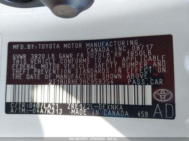 2T1BURHE2HC959354 Toyota Corolla Xle