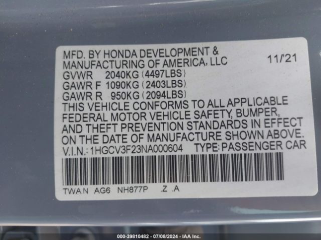 1HGCV3F23NA000604 Honda Accord Hybrid Sport