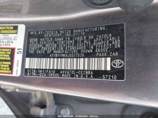 4T1B11HK6JU577526 Toyota CAMRY LE