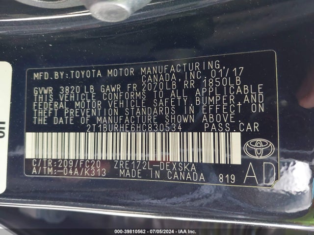 Toyota COROLLA SE 2017 2T1BURHE6HC830534 Image 9