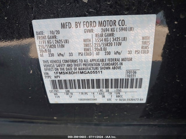 Ford EXPLORER XLT 2021 1FMSK8DH1MGA05511 Image 9