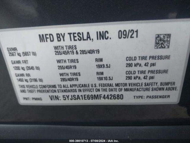 5YJSA1E69MF442680 Tesla Model S Plaid Tri Motor All-wheel Drive