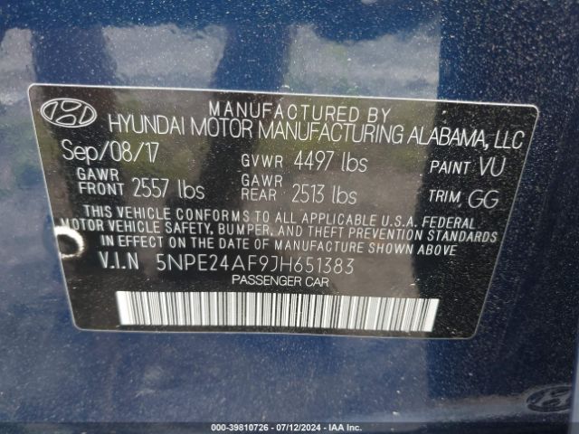 5NPE24AF9JH651383 Hyundai SONATA SE