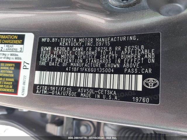Toyota CAMRY SE 2016 4T1BF1FK6GU135004 Image 9