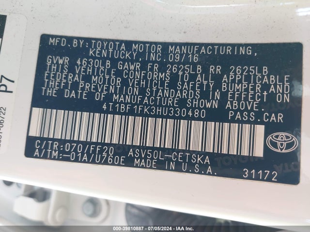 Toyota CAMRY SE 2017 4T1BF1FK3HU330480 Image 9
