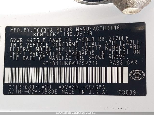 4T1B11HK8KU792214 Toyota CAMRY XLE