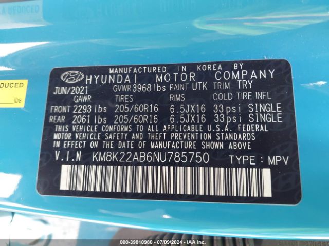 KM8K22AB6NU785750 Hyundai Kona Se