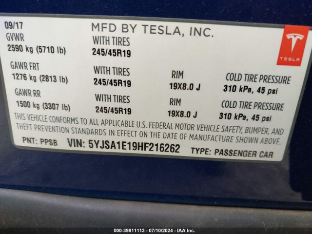 5YJSA1E19HF216262 Tesla Model S 60/75