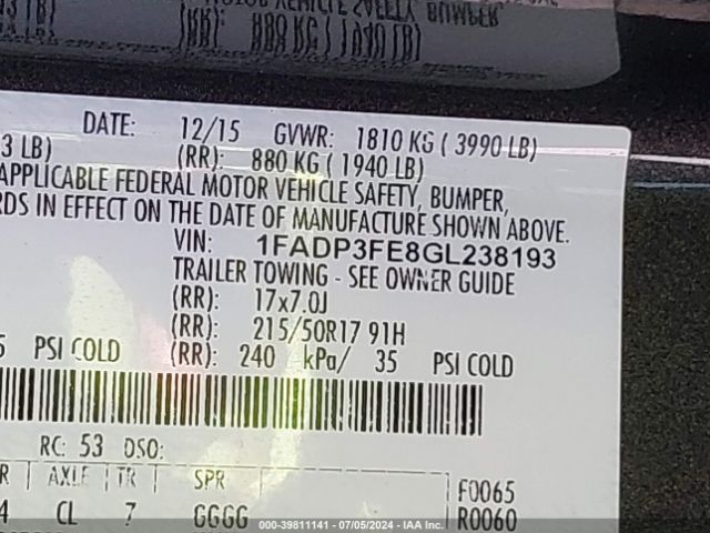 1FADP3FE8GL238193 Ford FOCUS SE