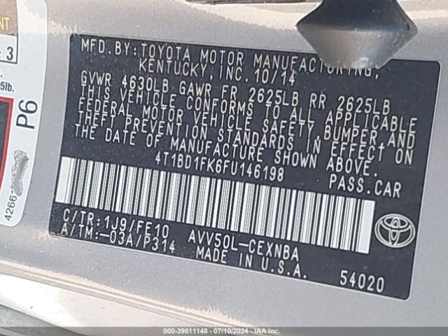 4T1BD1FK6FU146198 Toyota Camry Hybrid Le