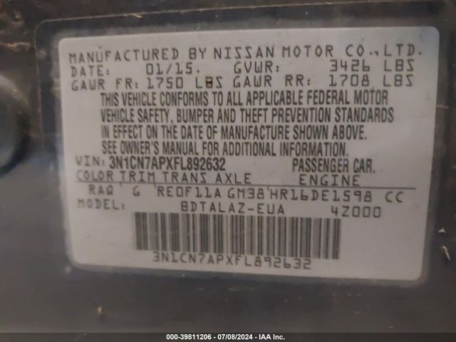3N1CN7APXFL892632 Nissan Versa 1.6 S+