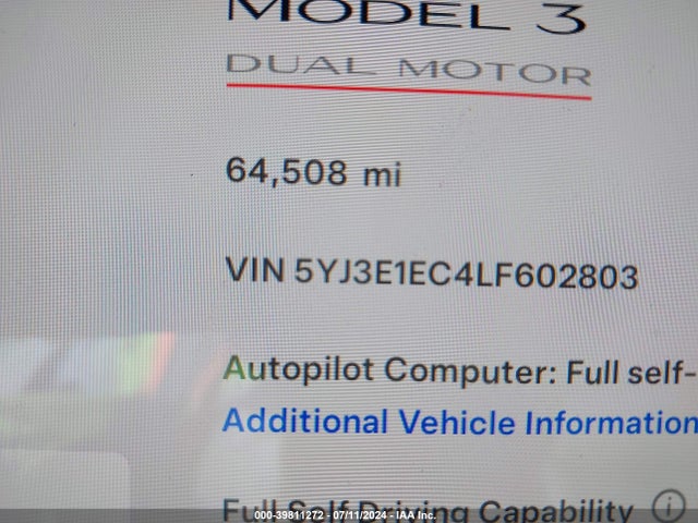 5YJ3E1EC4LF602803 Tesla Model 3 Performance Dual Motor All-wheel Drive