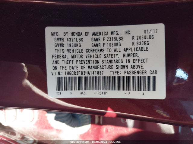 Honda Accord Ex-l 2017 1HGCR2F83HA141857 Image 9