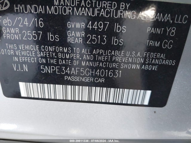 Hyundai Sonata Limited 2016 5NPE34AF5GH401631 Image 9