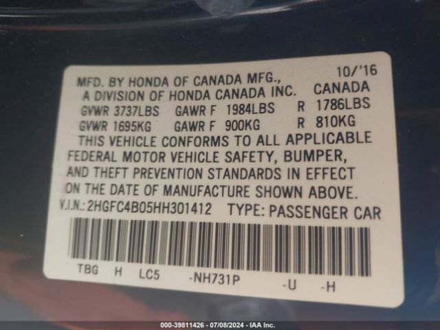 2HGFC4B05HH301412 Honda Civic Lx-p