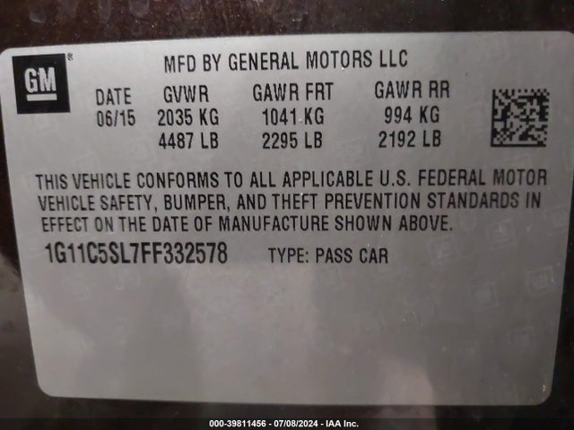 Chevrolet MALIBU 1LT 2015 1G11C5SL7FF332578 Image 9