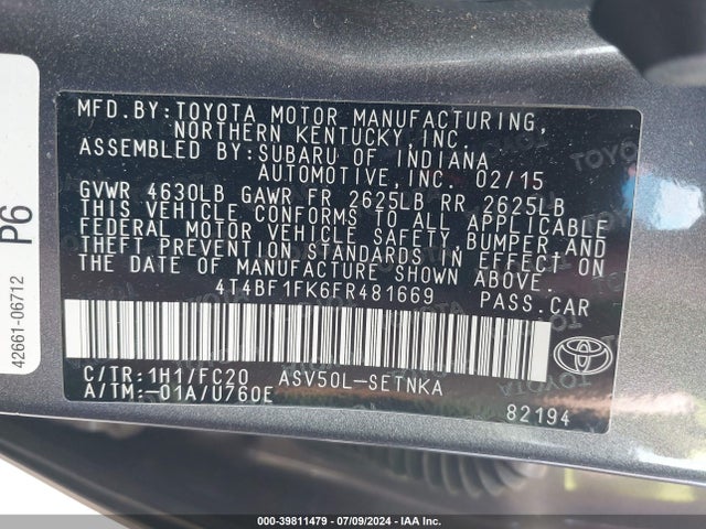 Toyota CAMRY LE 2015 4T4BF1FK6FR481669 Image 9