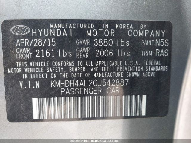 KMHDH4AE2GU542887 Hyundai ELANTRA SE