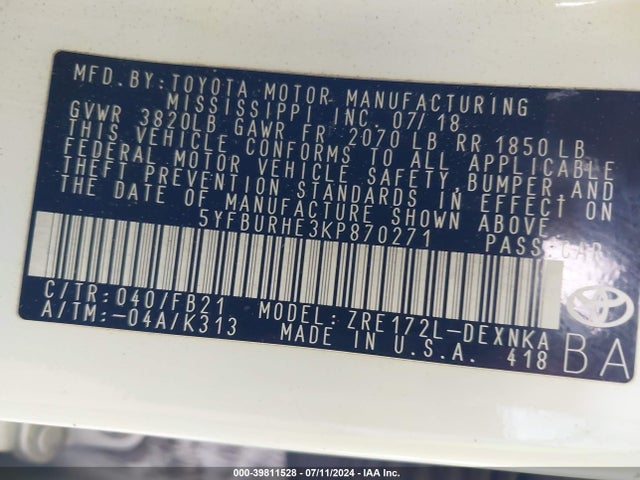 Toyota COROLLA LE 2019 5YFBURHE3KP870271 Image 9