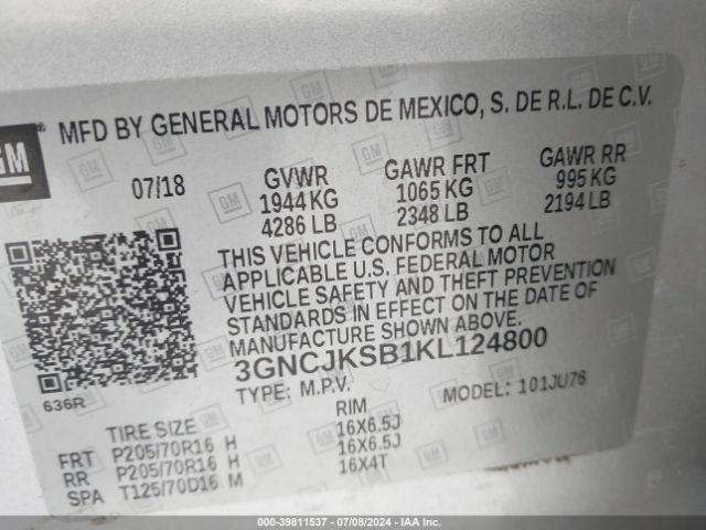 3GNCJKSB1KL124800 Chevrolet TRAX LS